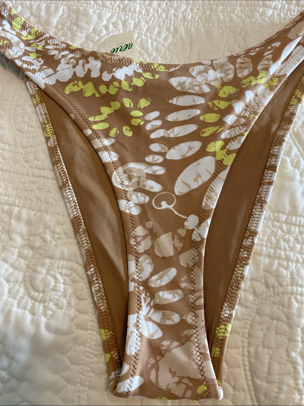 aerie Brown Floral-Print Bikini Bottom with White & Neon Yellow Accents